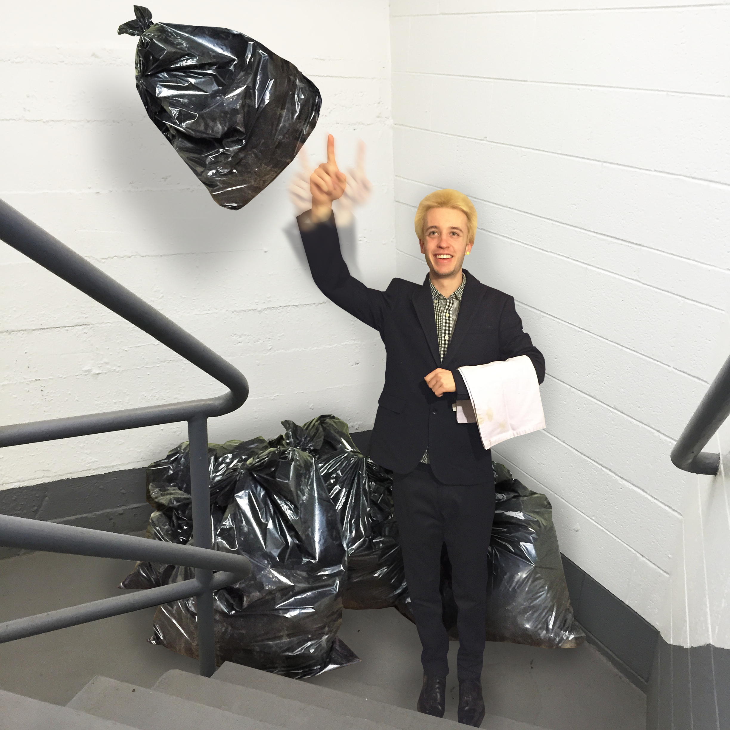 Butler standing in a stairwell casting a spell to clean up trash